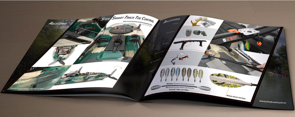 Fotografia katalogowa: projekt katalogu/broszury z kajakami – mockup otwartej publikacji (zdjęcia reklamowe)