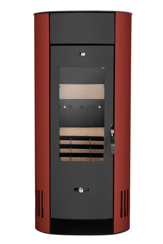 Zdjęcia produktowe pieca kominkowego – widok z przodu, obudowa w kolorze bordowym/czerwonym