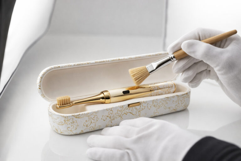 profesjonalna fotografia produktowa szczoteczki sonicznej w etui – studio packshotowe, złote detale, miękkie światło z dyfuzorów, przygotowanie produktu w rękawiczkach