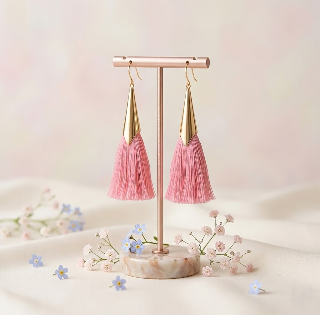 Kolczyki chwosty różowe na stojaku – fotografia produktowa biżuterii, packshot do e-commerce i katalogu
