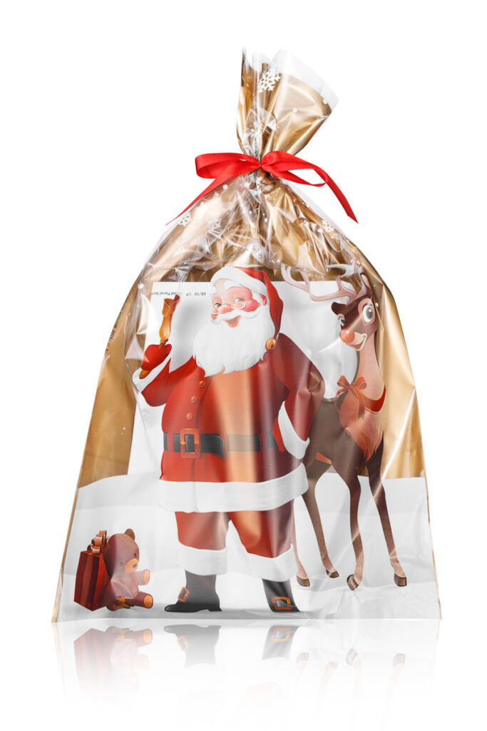 Fotografia produktowa przezroczysty woreczek prezentowy z Mikołajem – złoty akcent