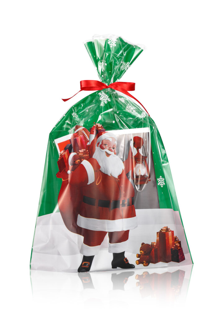 Przezroczysta torebka celofanowa z Mikołajem – wzór świąteczny– packshoty do katalogu i marketplace