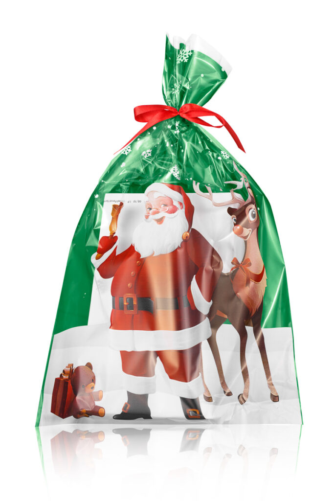 Woreczek z folii z Mikołajem – zielono-biały nadruk świąteczny - seria packshotów opakowań świątecznych