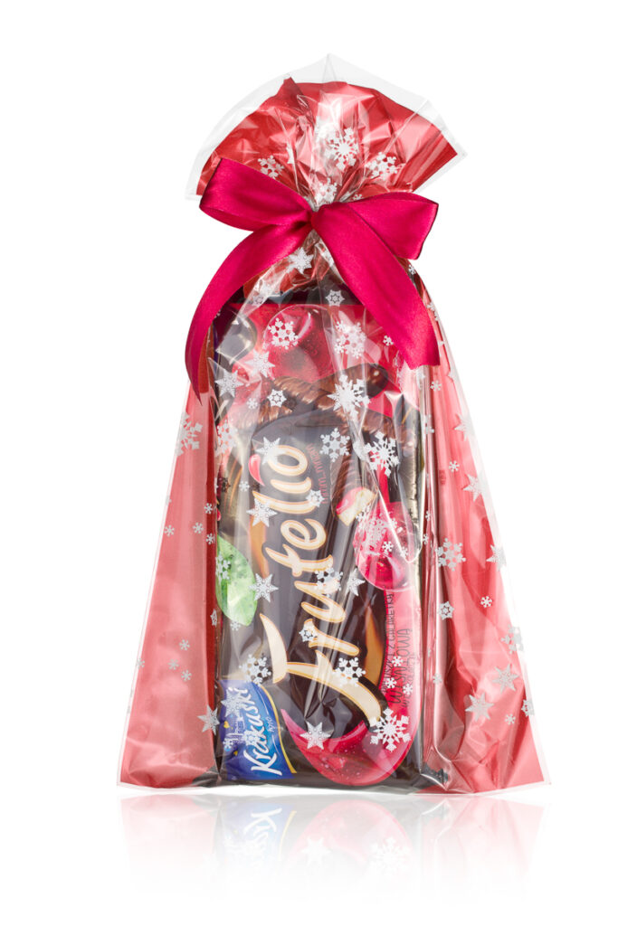 Zdjęcia produktów na białym tle – Folia prezentowa w czerwieni – woreczek celofanowy z nadrukiem świątecznym