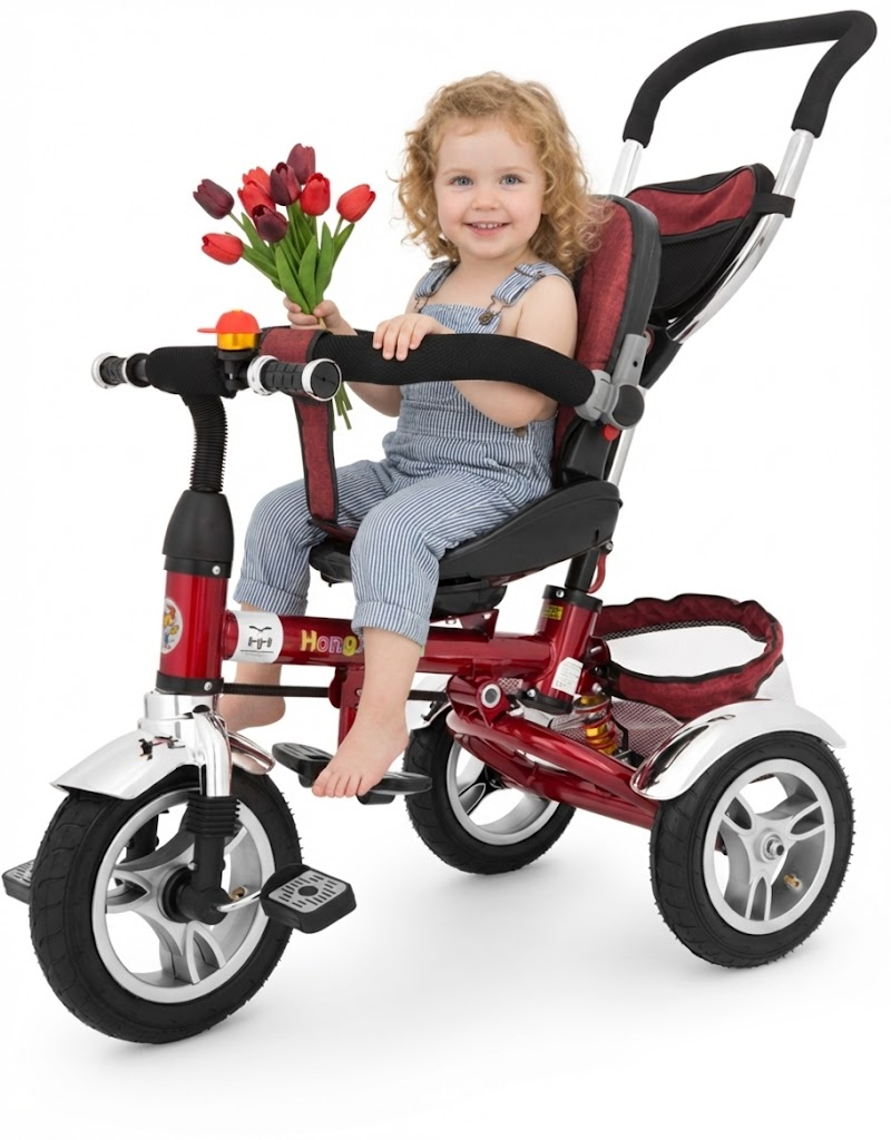 Dziewczyna z kręconymi włosami siedzi w rowerku dziecięcym, fotografia wykonana do sprzedaży rowerków na allegro