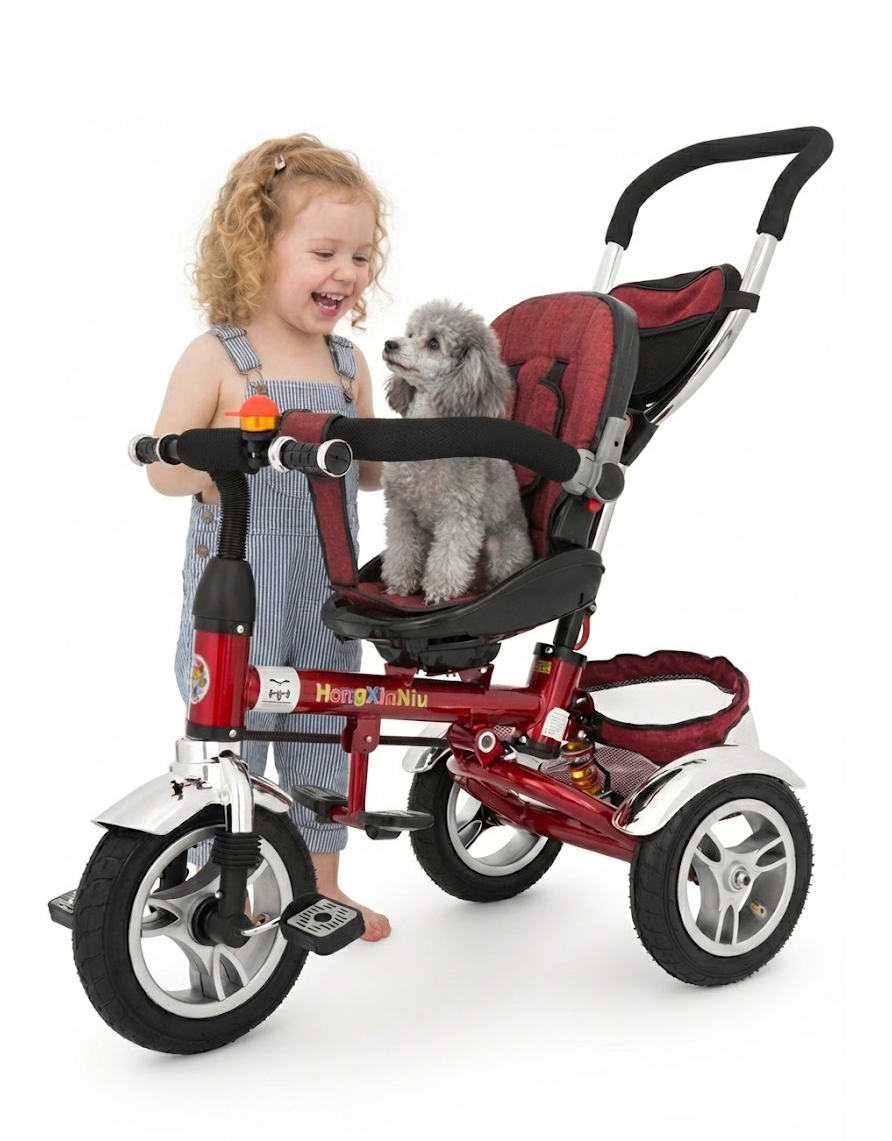 Dziecko przy rowerku trójkołowym z pudlem toy srebrnym – zdjęcie produktowe lifestyle na białym tle Siedlce