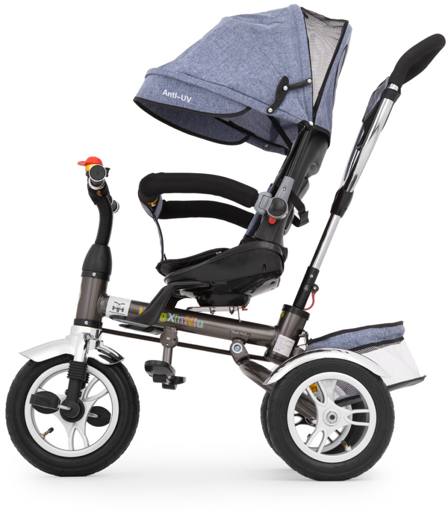 Trójkołowiec dziecięcy ujęcie boczne z prowadnikiem – fotografia produktowa do sklepu internetowego