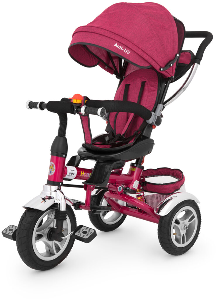 Trójkołowy rowerek z rączką do prowadzenia i daszkiem – packshot katalogowy