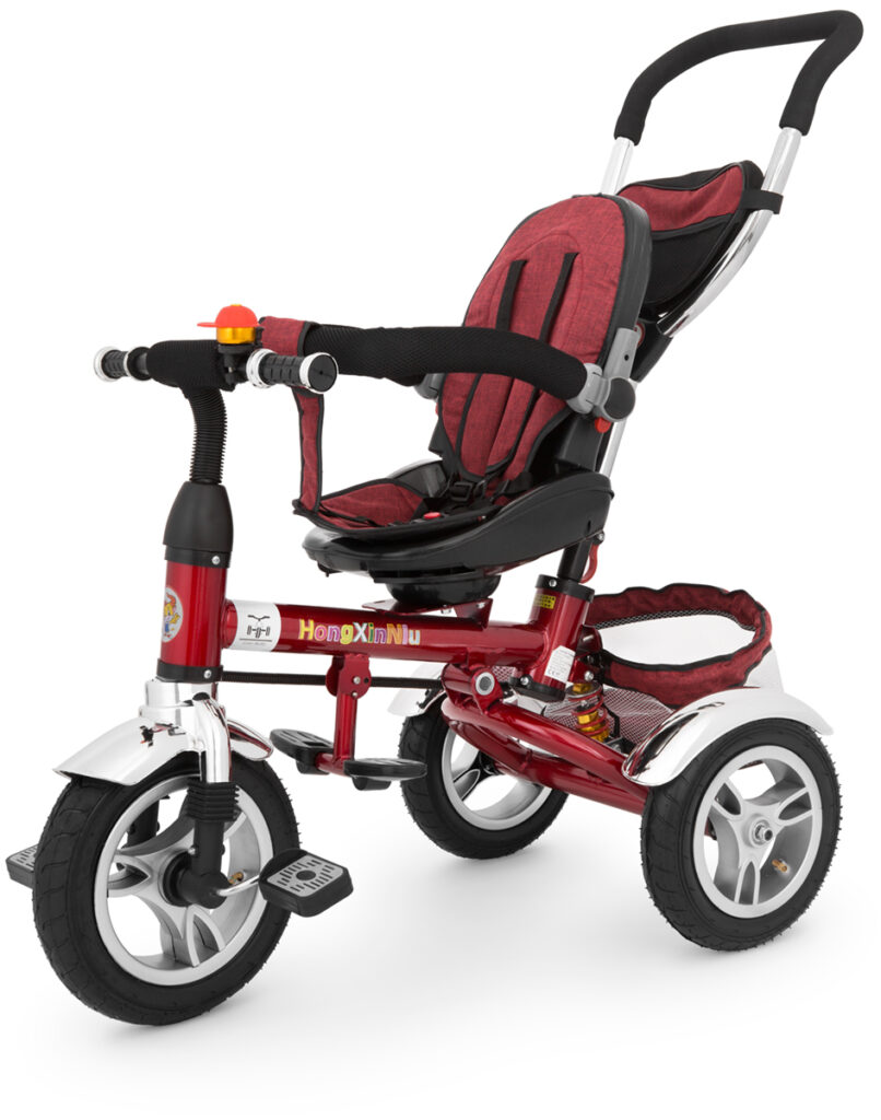 Rower trójkołowy dla dziecka z daszkiem i prowadnikiem – packshot na białym tle